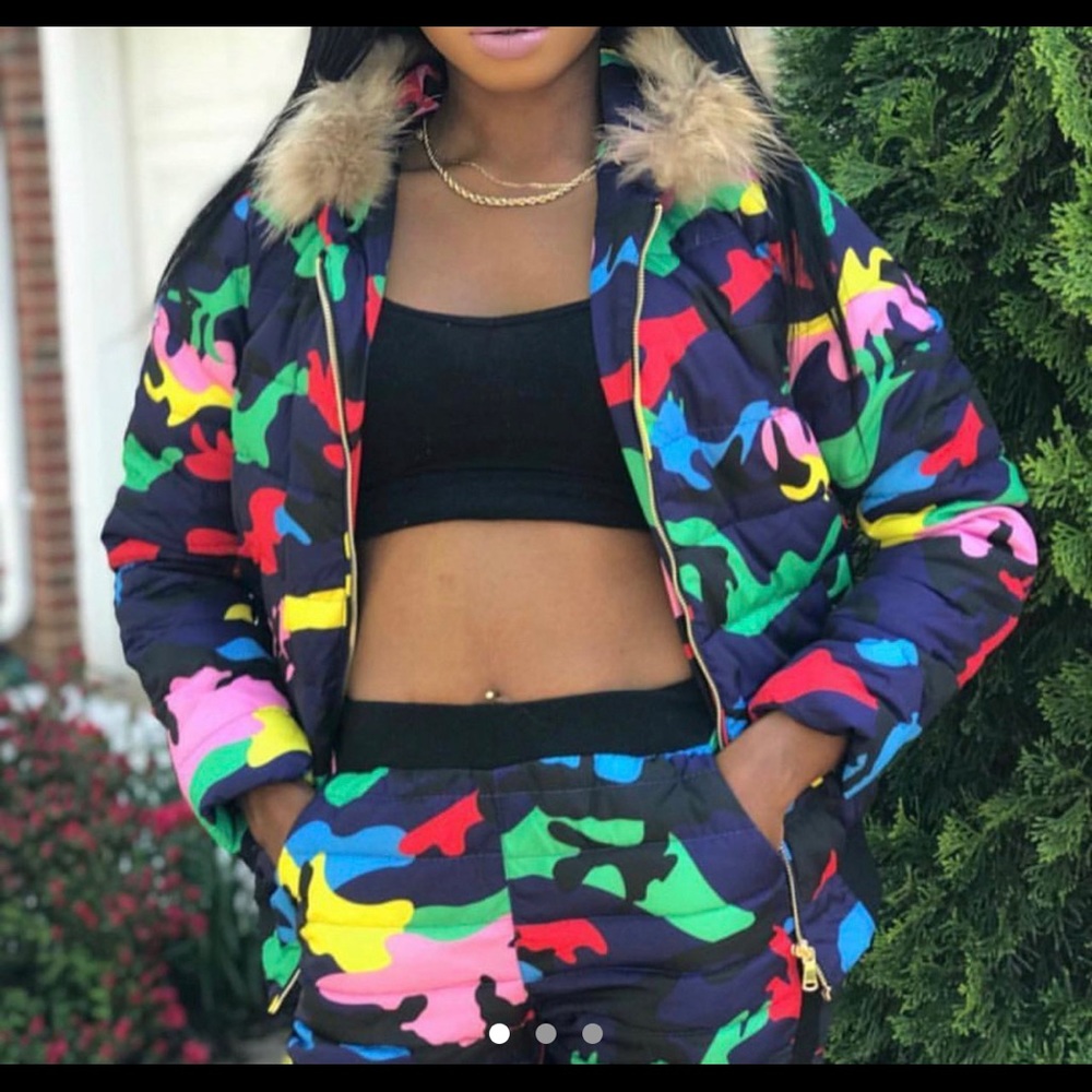 Camo puffer winter pants & jacket set
